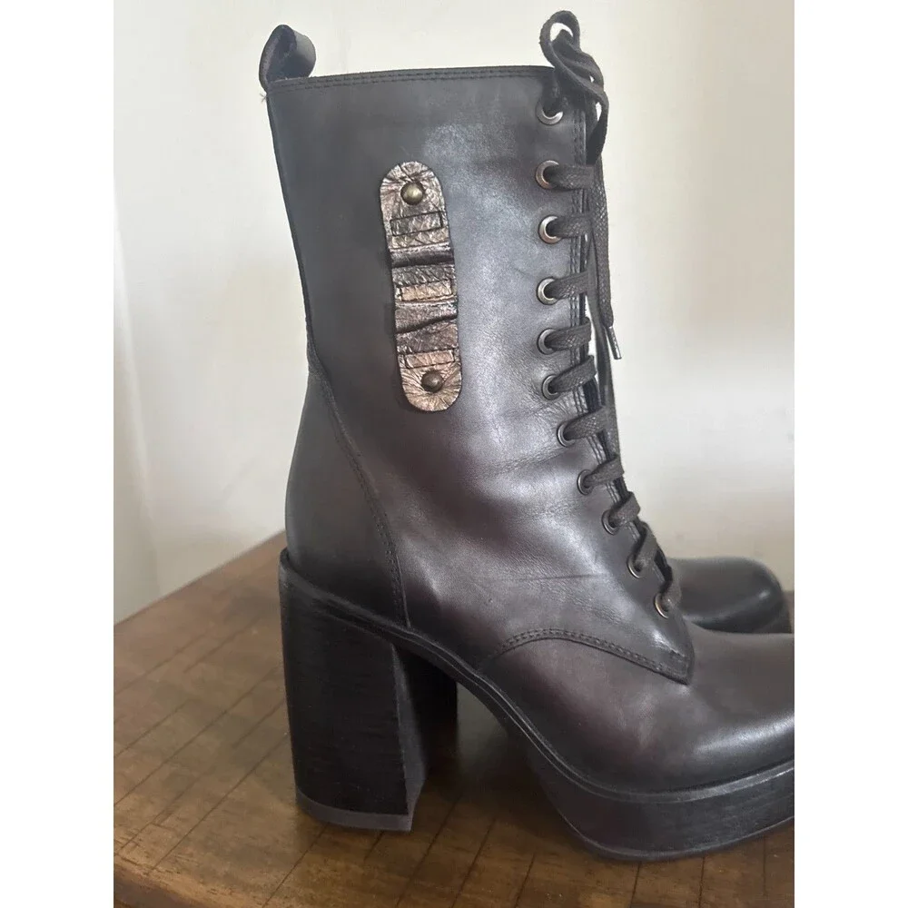 Emanuele Crasto Black Leather Platform Combat Boots Womens 6.5 Y2K Made Italy